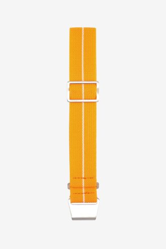 Fallskärmsklockarmband i orange nylon med en vit rand