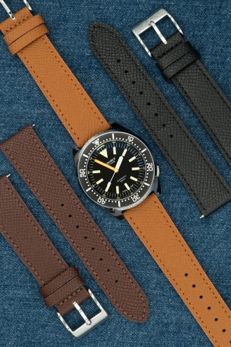 Klockarmband i ljusbrunt läder med stygn - Epsom Texture