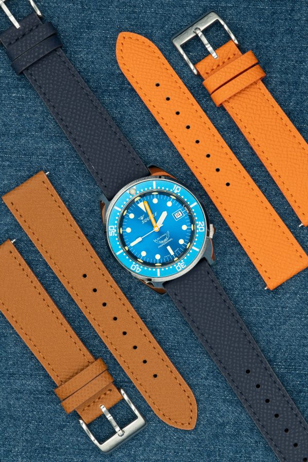 Klockarmband i marinblått läder med stygn - Epsom Texture