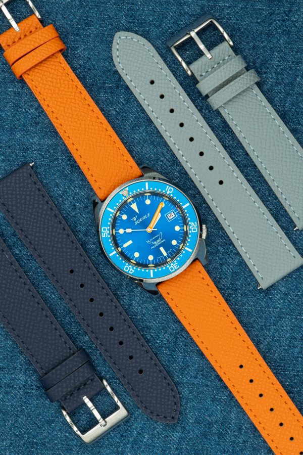 Klockarmband i orange läder med stygn - Epsom Texture